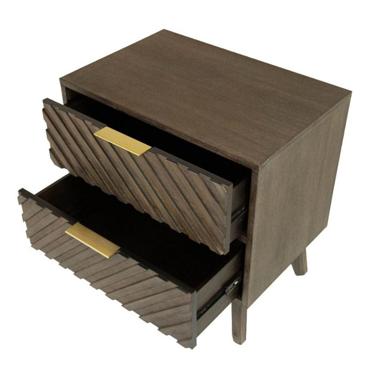 Dark Acacia Wood 2-Drawer Nightstand with Brass Handles