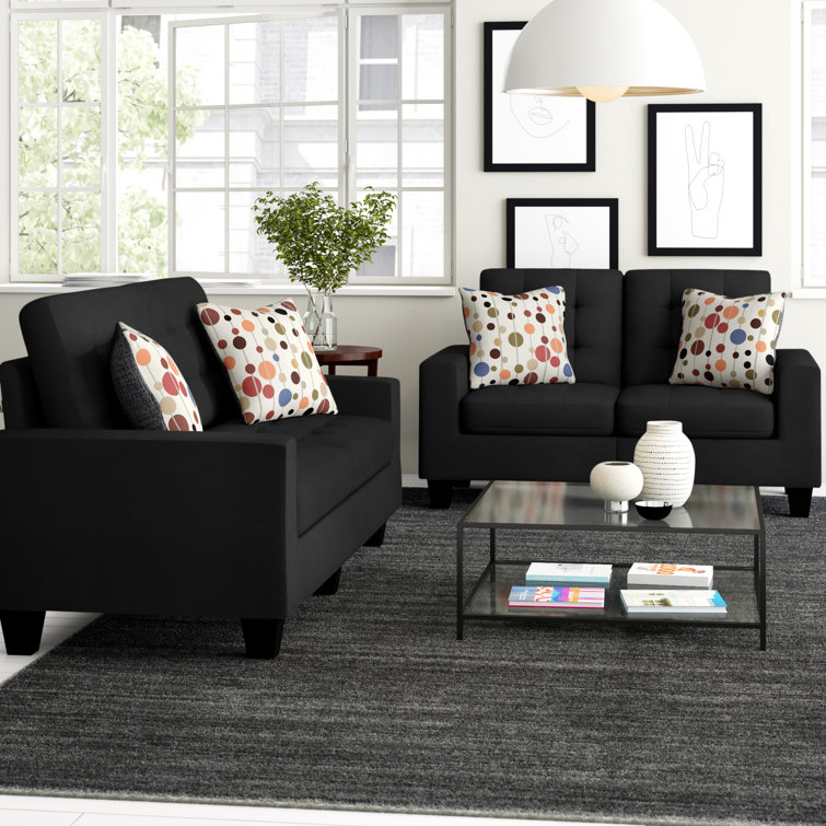 Black Polyester Blend Sofa and Loveseat Set with Dark Brown Legs