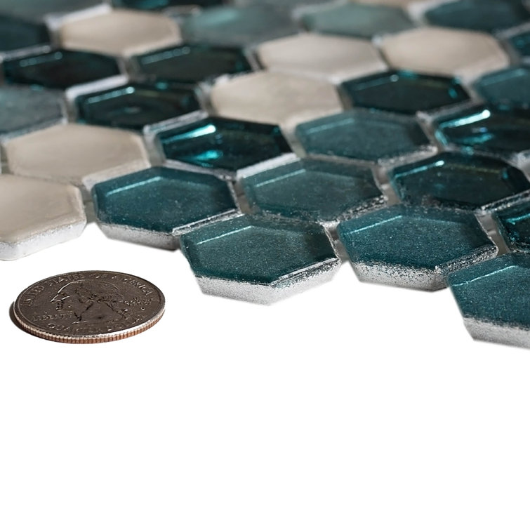 11" x 12" Blue and White Glass Hexagon Mosaic Tile
