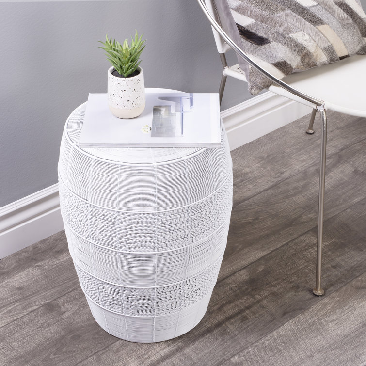 White Metal Drum-Shaped Side Table