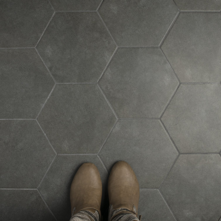 Annata Vintage Hex 8.63" x 9.88" Matte Charcoal Porcelain Tile
