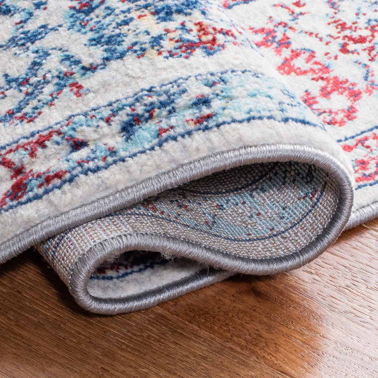 Ivory and Blue Rectangular Synthetic Stain-Resistant Area Rug