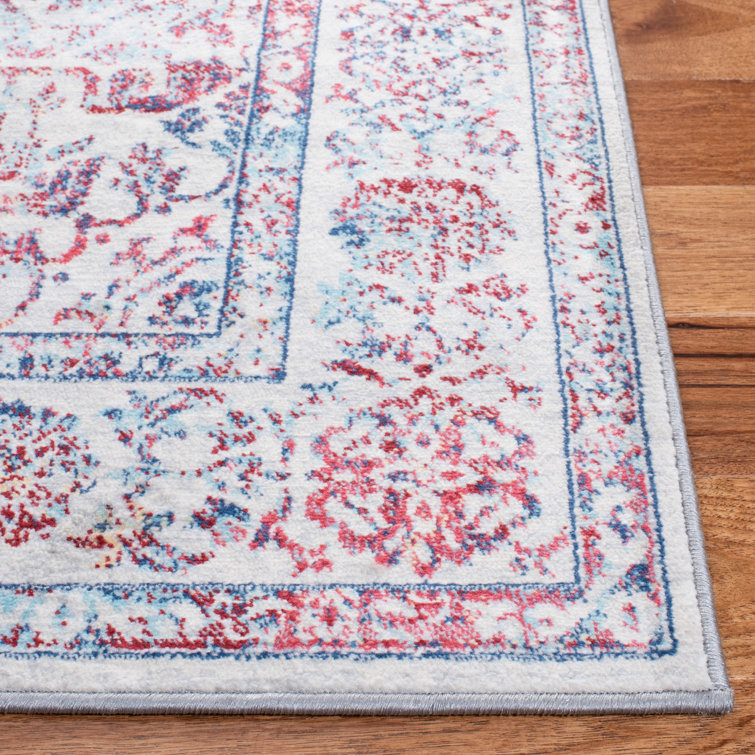 Ivory and Blue Rectangular Synthetic Stain-Resistant Area Rug