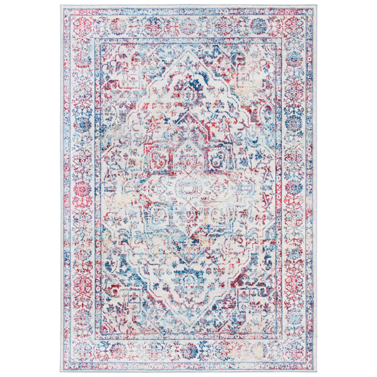 Ivory and Blue Rectangular Synthetic Stain-Resistant Area Rug