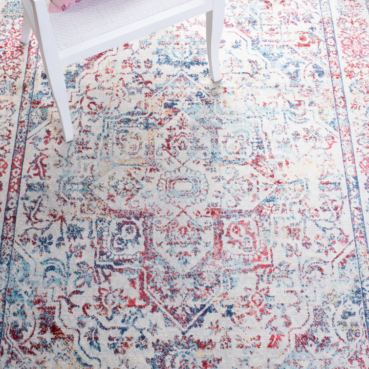 Ivory and Blue Rectangular Synthetic Stain-Resistant Area Rug