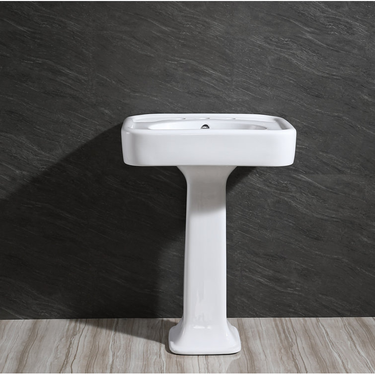 White Ceramic Pedestal Bathroom Sink with Rectangular Basin