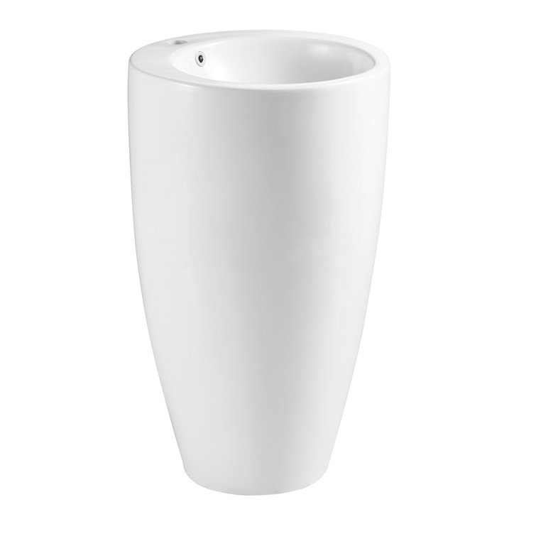 Glossy White Ceramic Round Pedestal Bathroom Sink with Overflow