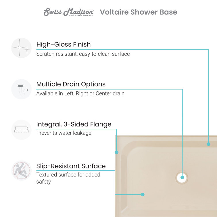Voltaire 48" x 36" Biscuit Acrylic Shower Base with Left-Hand Drain