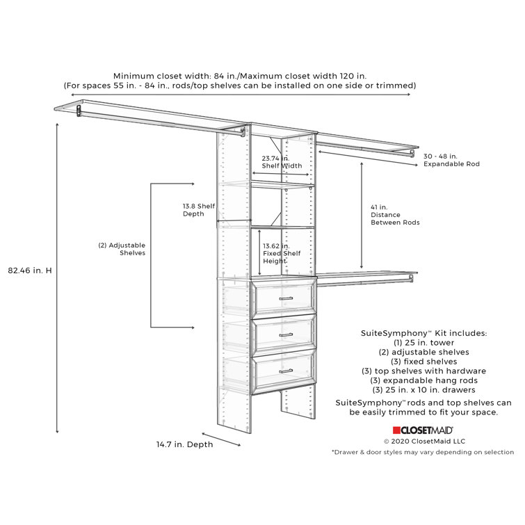 Graphite Gray Wood Closet System with Drawers and Shelves