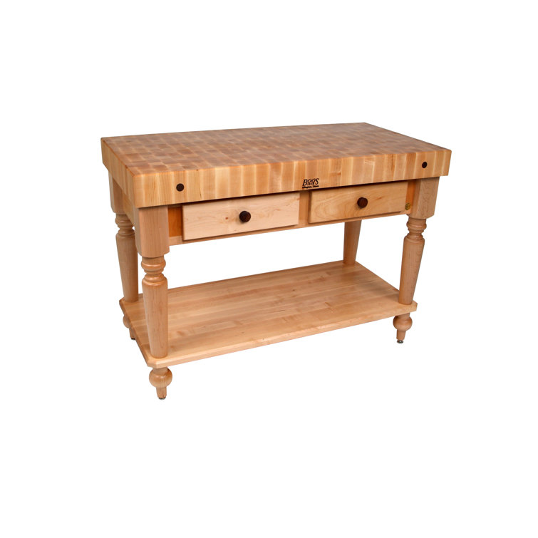 Maple Butcher Block Kitchen Island with Shelf and Drawers