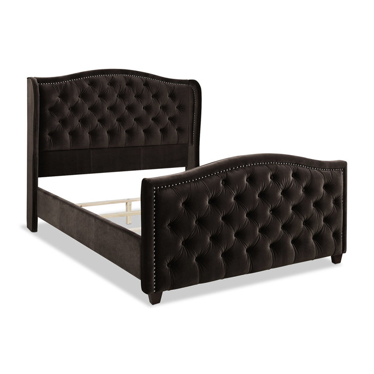 Arctic Blue Velvet Upholstered King Bed with Nailhead Trim
