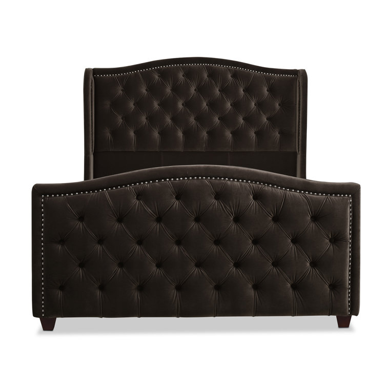 Arctic Blue Velvet Upholstered King Bed with Nailhead Trim