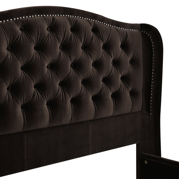 Sky Neutral Queen Upholstered Wingback Bed with Nailhead Trim