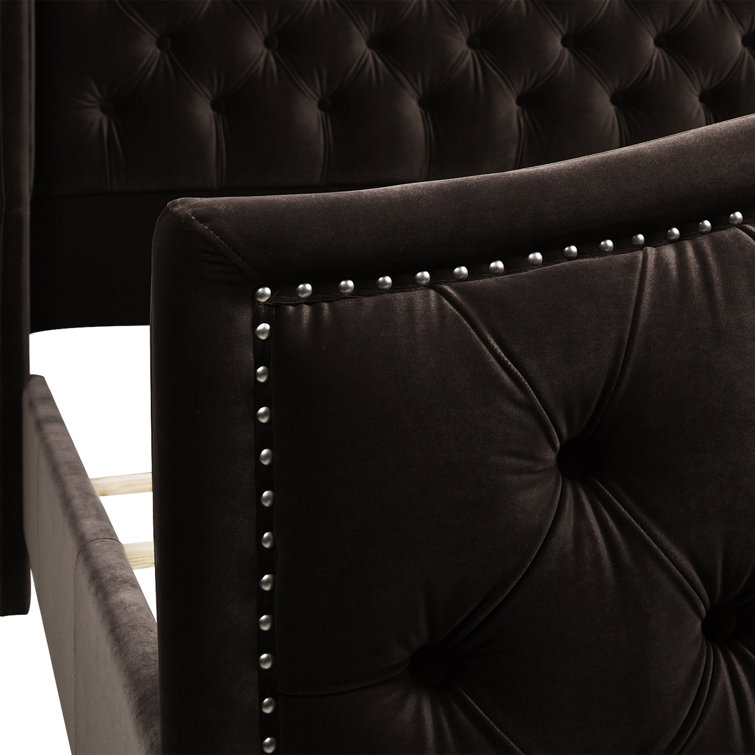 Arctic Blue Velvet Upholstered King Bed with Nailhead Trim
