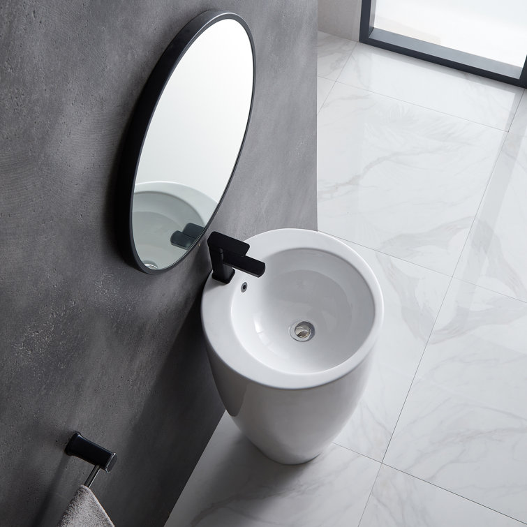 Glossy White Ceramic Round Pedestal Bathroom Sink with Overflow