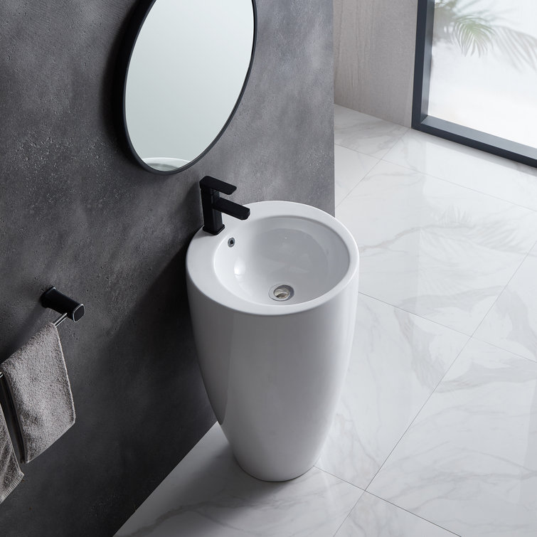 Glossy White Ceramic Round Pedestal Bathroom Sink with Overflow