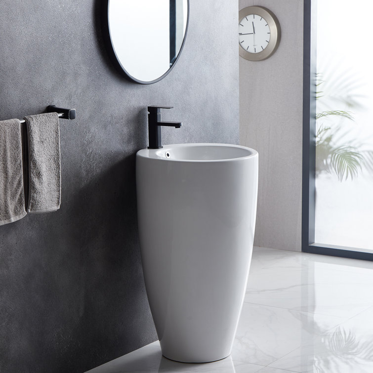 Glossy White Ceramic Round Pedestal Bathroom Sink with Overflow