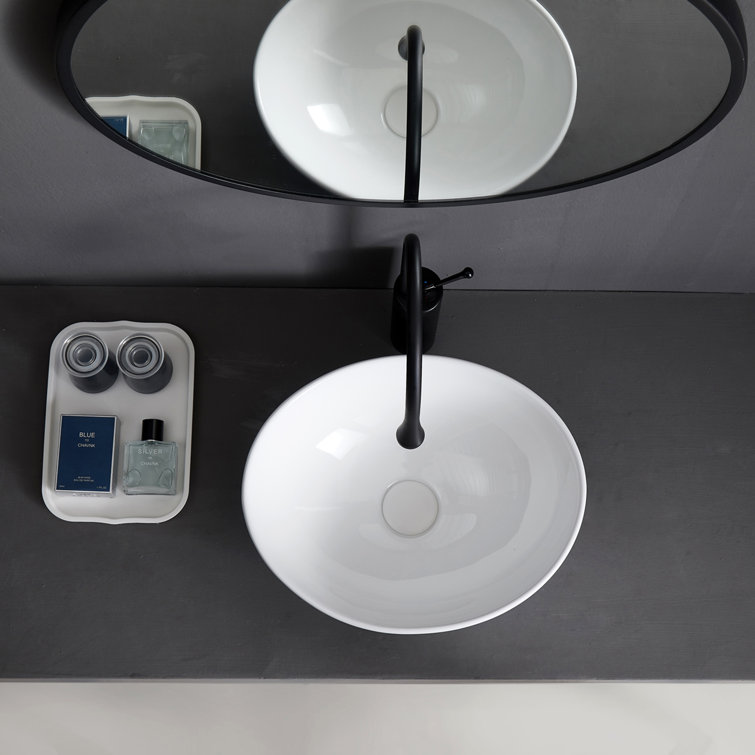 White Polished Ceramic Oval Above-Counter Vessel Sink