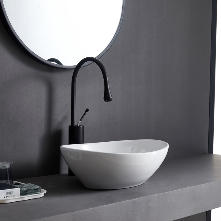 White Polished Ceramic Oval Above-Counter Vessel Sink