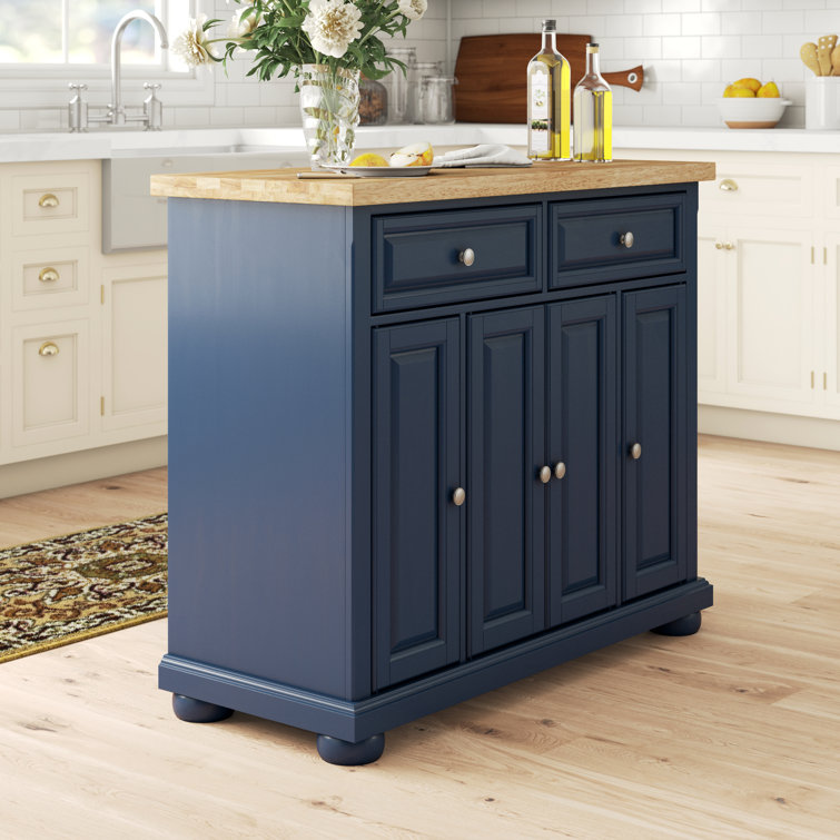 Navy Solid Wood Butcher Block Kitchen Island with Storage