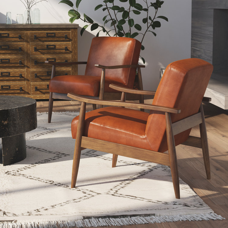 Mid-Century Modern Caramel Leather Gel Accent Chair with Wooden Arms