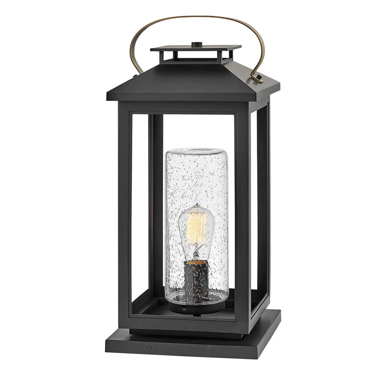 Black Lantern-Style Outdoor LED Pier Mount with Clear Seedy Glass