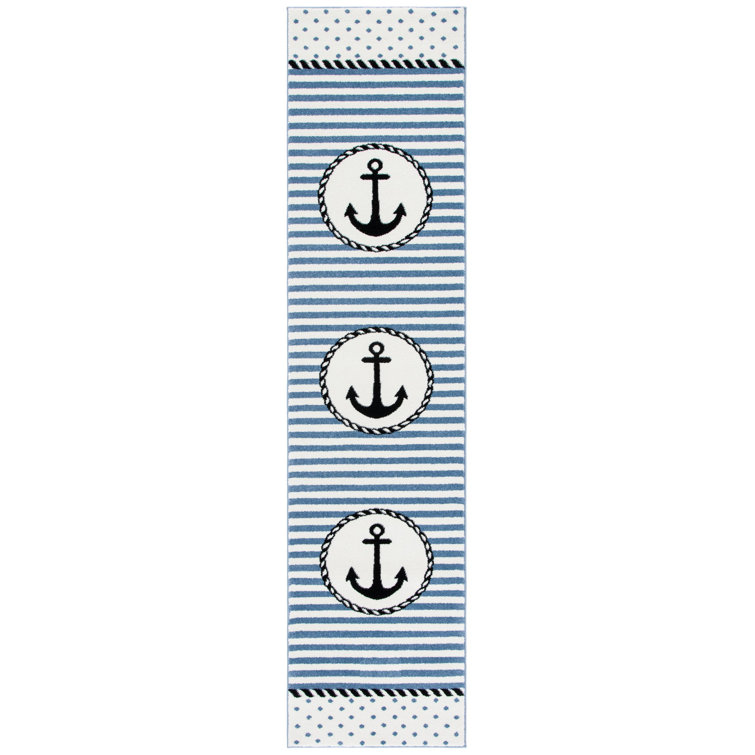 Ivory and Navy Hand-knotted Synthetic Kids Rug, 2'3" x 10'