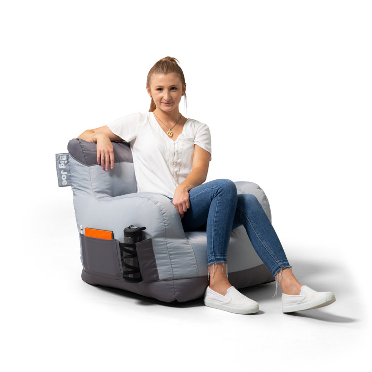 Two Tone Gray Polyester Bean Bag Chair with Drink Holder and Pocket