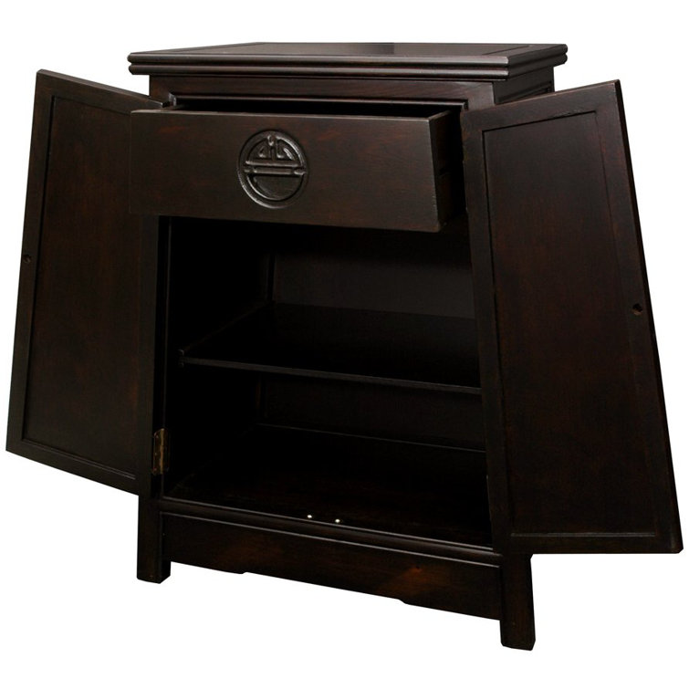 Walnut-Colored Trapezoidal Freestanding Cabinet with Hand-Carved Shou Symbol