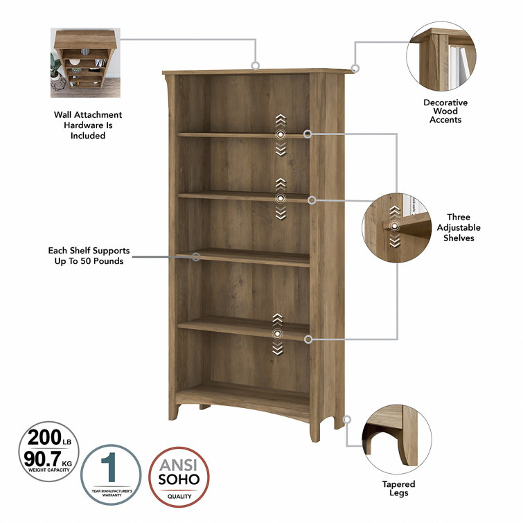 Adjustable Reclaimed Pine Wood 5-Shelf Bookcase with Tapered Legs
