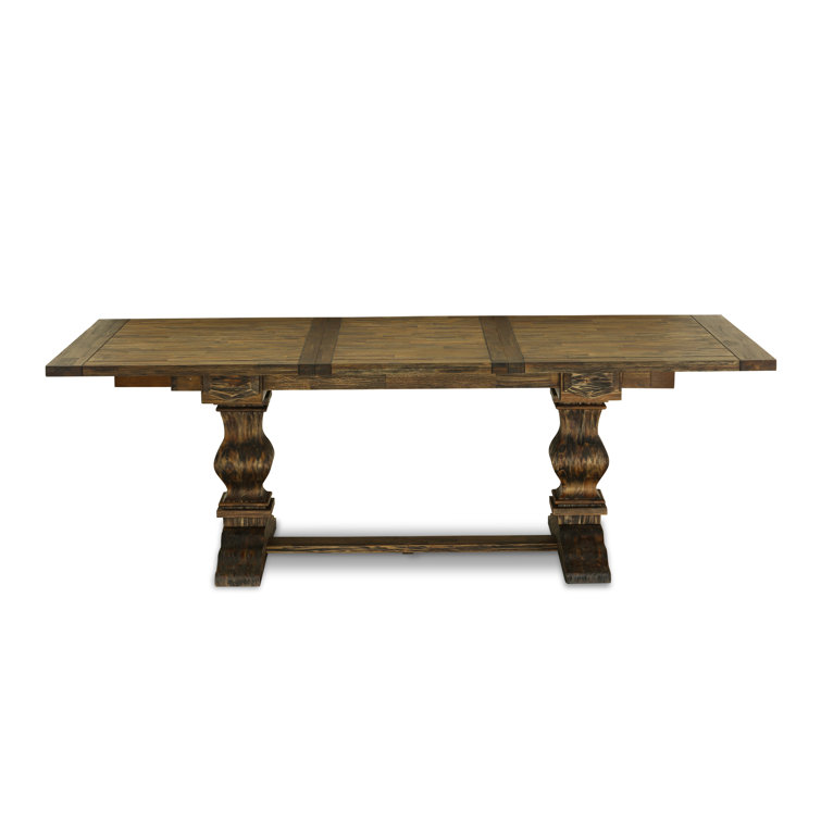Distressed Jacobean 92" Wood Dining Set with 8 Beige Linen Chairs