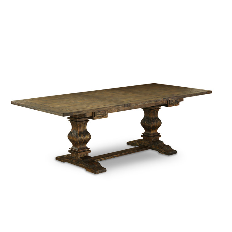 Distressed Jacobean Acacia Wood Dining Set with Light Beige Linen Chairs