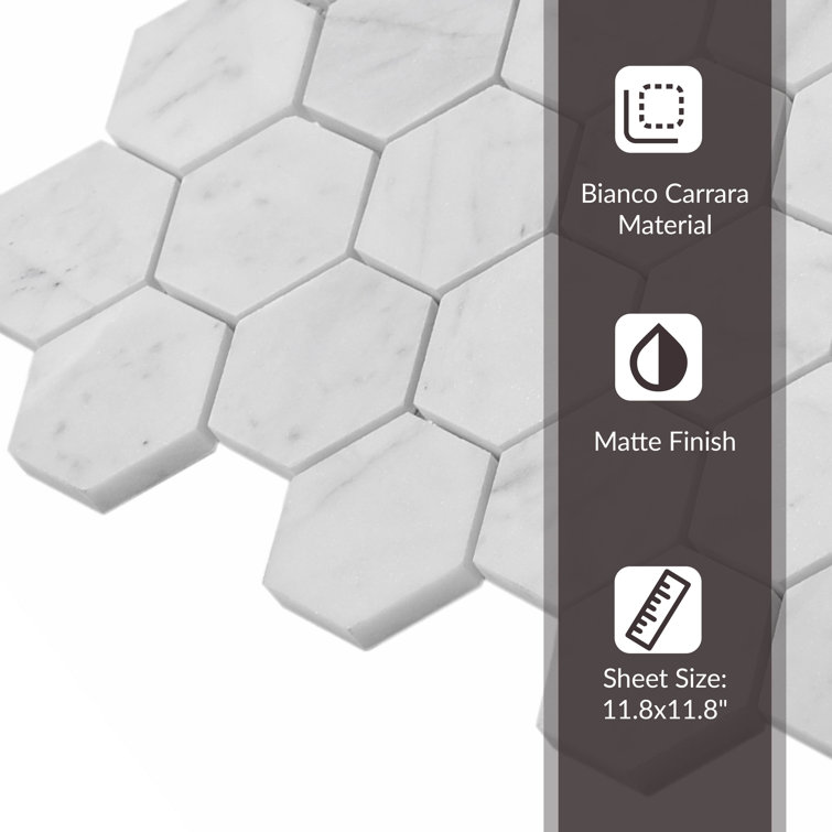 11.8" x 11.8" White Carrara Marble Hexagon Mosaic Tile