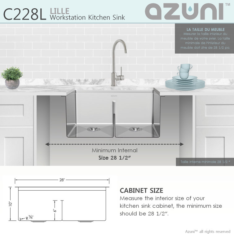 AZUNI 28 inch Stainless Steel Double Bowl Undermount Workstation Sink