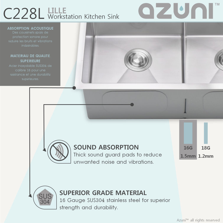 AZUNI 28 inch Stainless Steel Double Bowl Undermount Workstation Sink