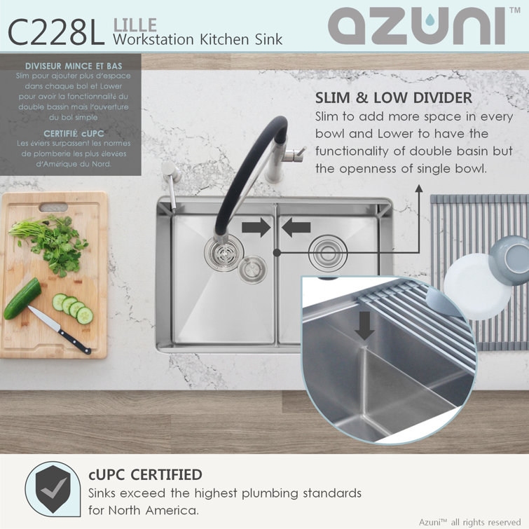 AZUNI 28 inch Stainless Steel Double Bowl Undermount Workstation Sink