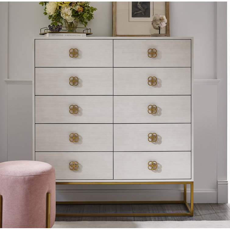 White and Gold 10-Drawer Hardwood Chest with Dovetail Drawer