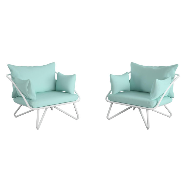 Teddi Aqua Haze Midcentury Modern Outdoor Lounge Chair Pair with Cushions