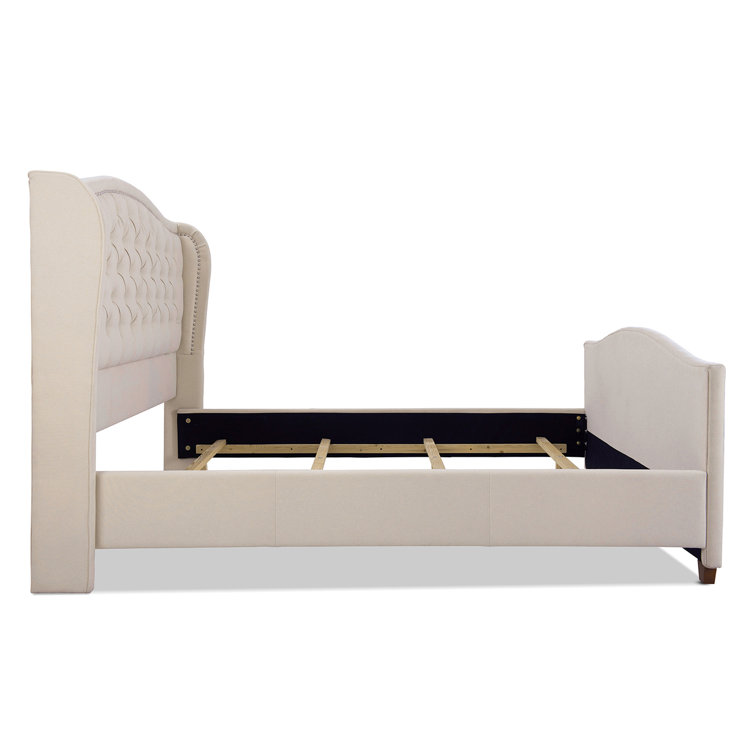 Sky Neutral Queen Upholstered Wingback Bed with Nailhead Trim
