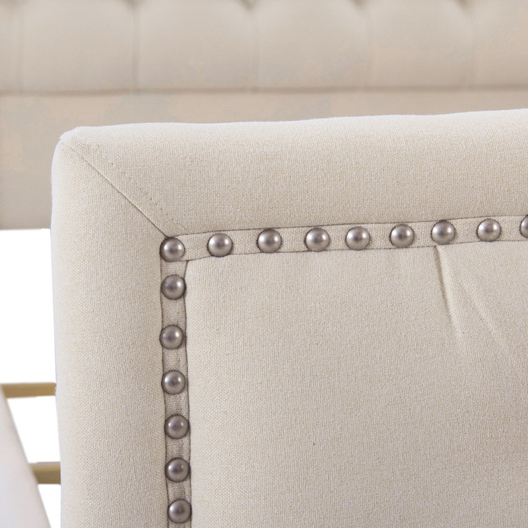 Sky Neutral Queen Upholstered Wingback Bed with Nailhead Trim