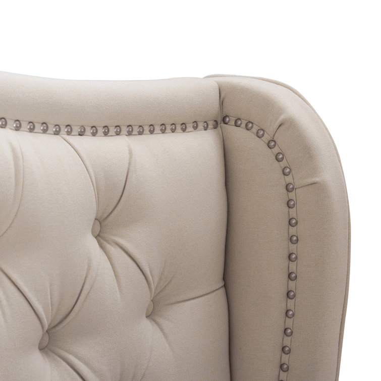 Sky Neutral Queen Upholstered Wingback Bed with Nailhead Trim