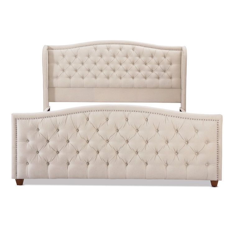 Sky Neutral Queen Upholstered Wingback Bed with Nailhead Trim