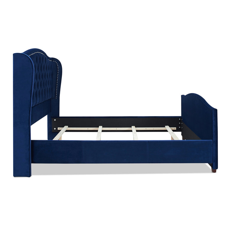Navy Blue Velvet Tufted Queen Bed with Nailhead Trim
