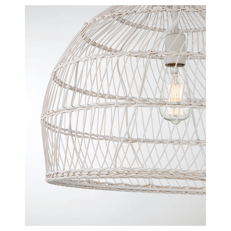 White Metal and Rattan Dome Pendant Light