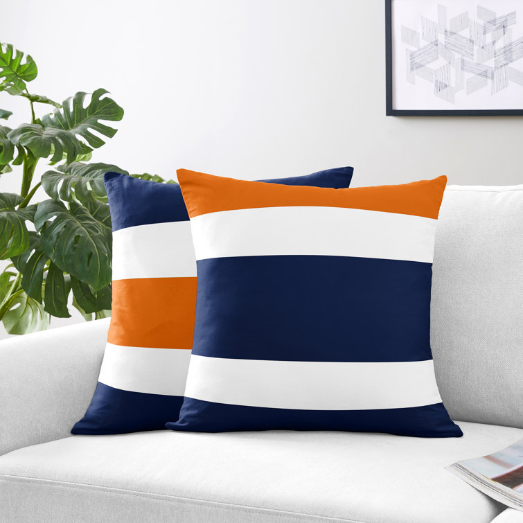 Navy Blue and Orange Striped 18'' Square Throw Pillow Set