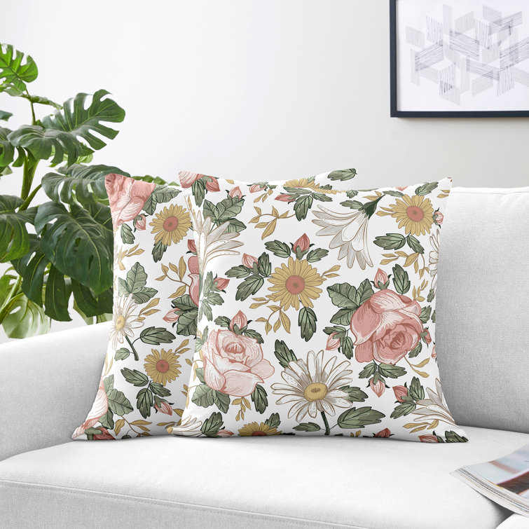 Vintage Floral Pink Green Yellow Microfiber Square Throw Pillows Set