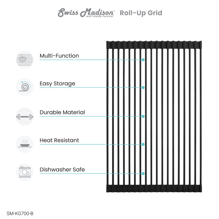 Black Silicone Roll-Up Kitchen Sink Grid, 20.5" x 12.6"