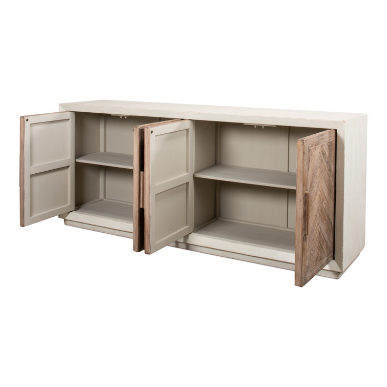 Antique White and Natural Pine 4-Door Buffet Sideboard