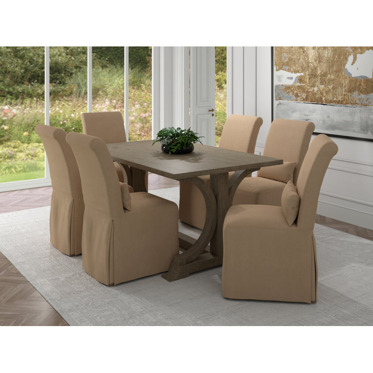 Tan Upholstered Parsons Side Chair with Wood Legs