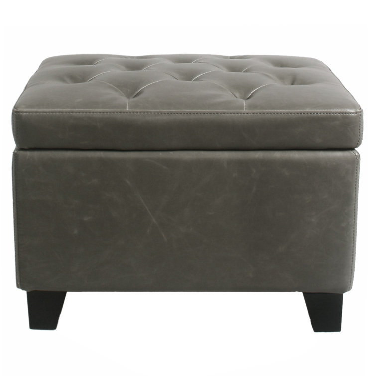 Vintage Gray Tufted Leather Storage Ottoman with Black Birch Legs